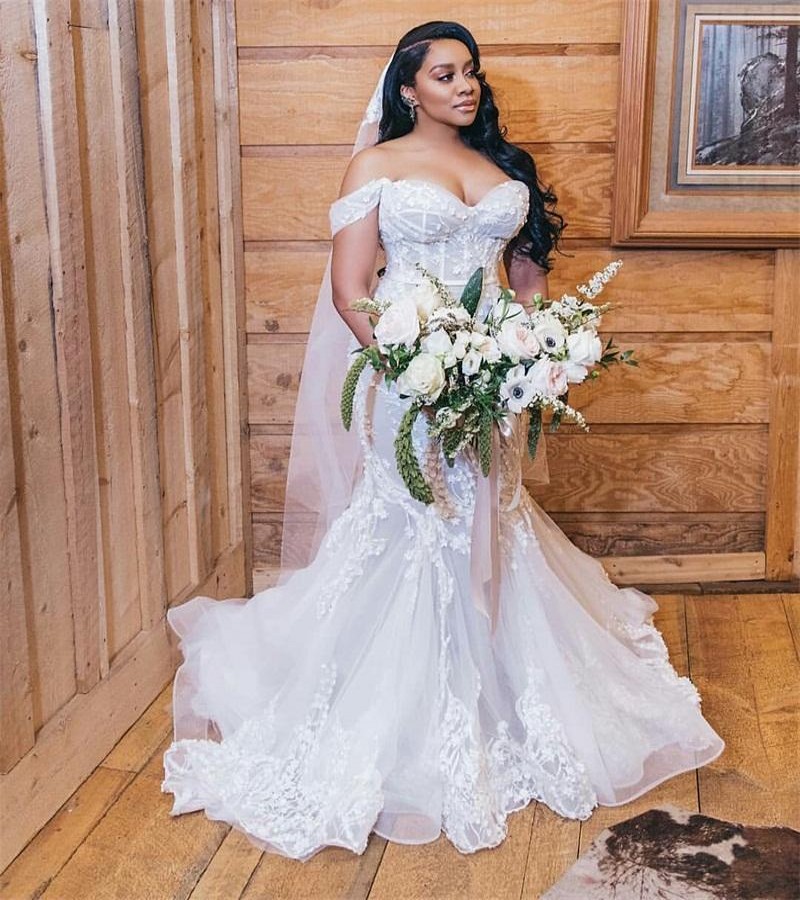 

Plus Size Mermaid Wedding Dresses gowns sweetheart Off-shoulder Full Appliqued Lace bridal Gown Backles Sweep Train Custom Made Vestidos De Novia, Gray