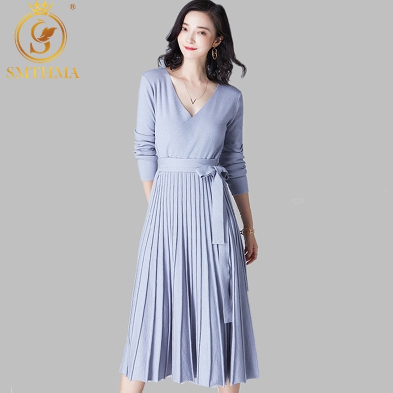 

Winter Women Knitted Pleated Party Dress Long Sleeve Thick Sweater Elegant Sashes es Vestidos Free belt 210520, Photo color