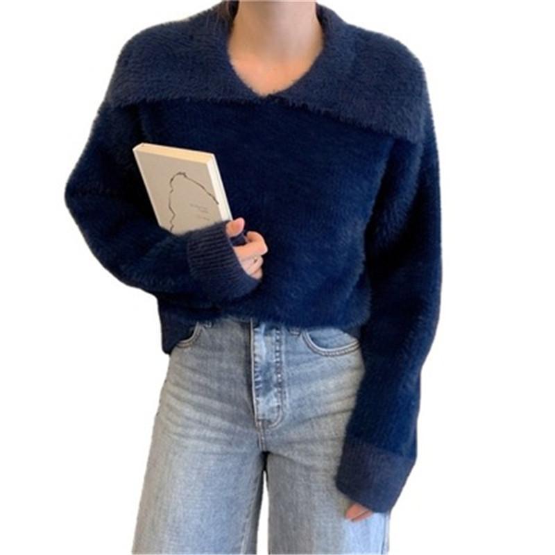 

Fashion Autumn And Winter Korean Temperament Furry Thick Large Lapel Solid Color Wide Sweater Top A216 Women's Sweaters, Chestnut