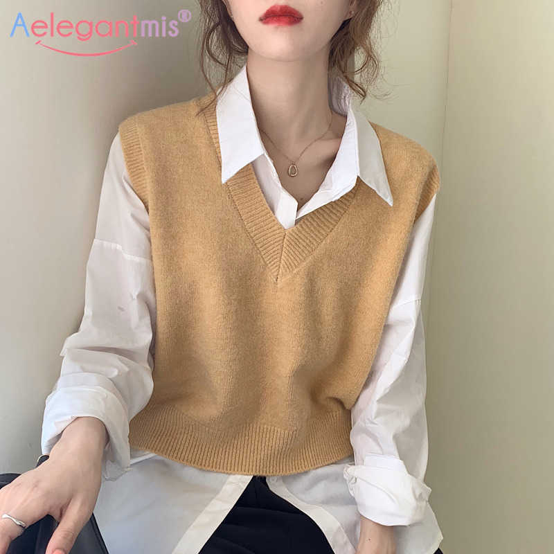 

Aelegantmis Korean Casual Loose Knitted Vest Women Spring Soft Warm V Neck Sleeveless Sweater Female Retro Tank Tops Waistcoat 210607, Yellow