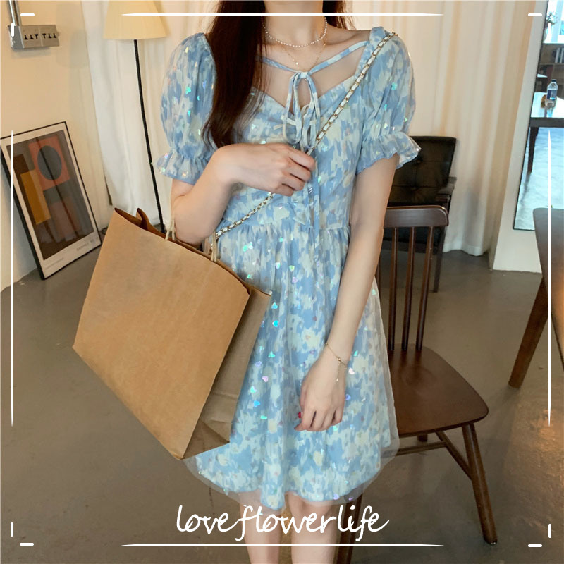 

Korea Style Bandage Vingate Mini Dress Women Casual Short Sleeve Lace Floral Dress Female Evening Party Kawaii Dress Summer 210521, As picture