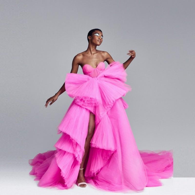 

Casual Dresses Chic Tulle Long Dress Women Strapless Ruffled High Slit Prom Party Train Puffy Celebrity Gown Vestidos 2021, Black