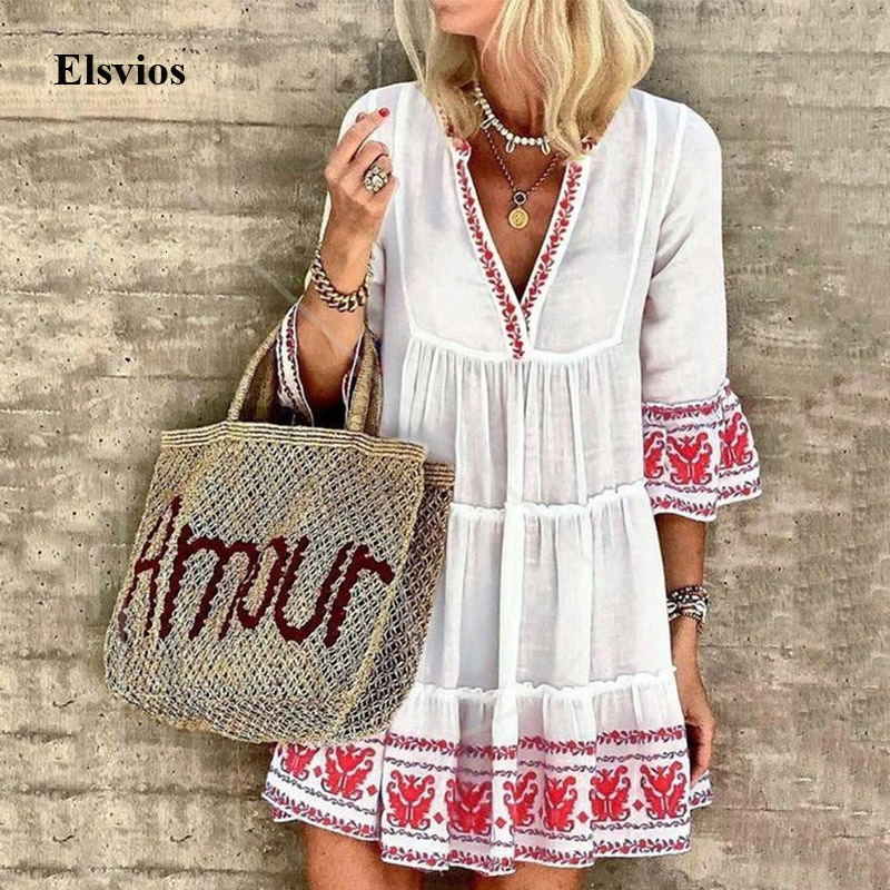 

Casual Dresses Women Sexy V Neck Party Summer Elegant Draped Ruffle Boho Lady Vintage Print Flare Sleeve Loose Beach QE15, 03 white
