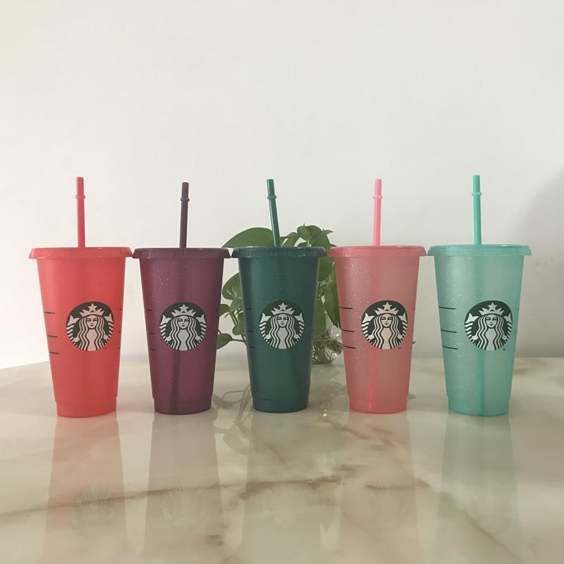 

24OZ Starbucks plastic cup flash cup 24OZ/710ML transparent color changing cup plastic beverage juice with lip straw magic coffee custom 50PCS DHL, Multi-color