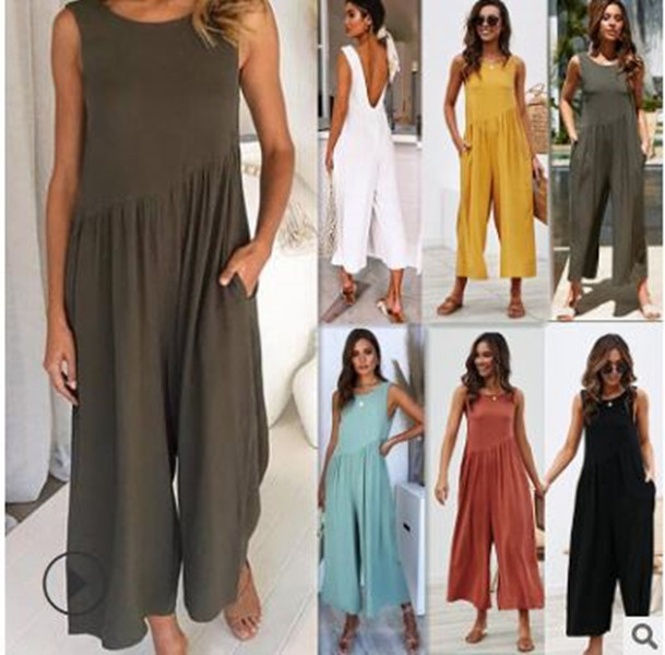 

VONDA Blackless Romper Womens Jumpsuits Ankle-Length Wide Leg Pants 2020 Summer Overalls Beach Sleeveless Playsuit Plus Size, Black