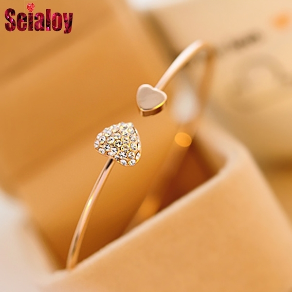 

Seialoy Simple Japanese Korean Style Rose Gold Crystal Love Heart Shape Brands Bracelets Bangles for Women Girls Jewelry Gift Q0719