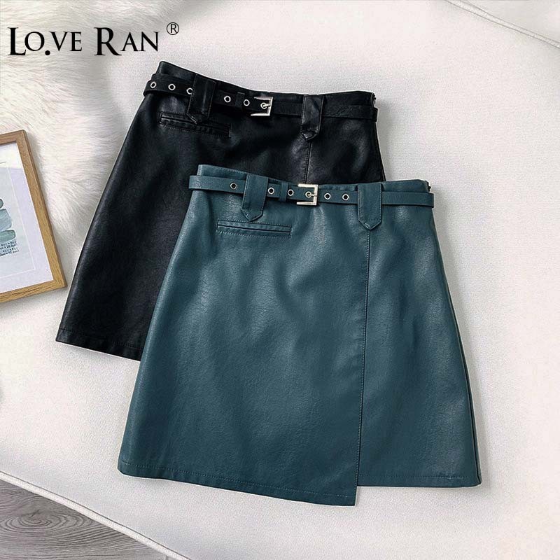 

Leather Womens Short Skirts Black Irregular High Waist Pencil Mini Sexy Skirt Women 2021 Winter Autumn New Clothes With Belt