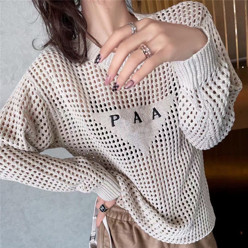 2025 P fashion designer women's knits wear net red with hollow front letter embroidery loose comfortable personality trendy 01