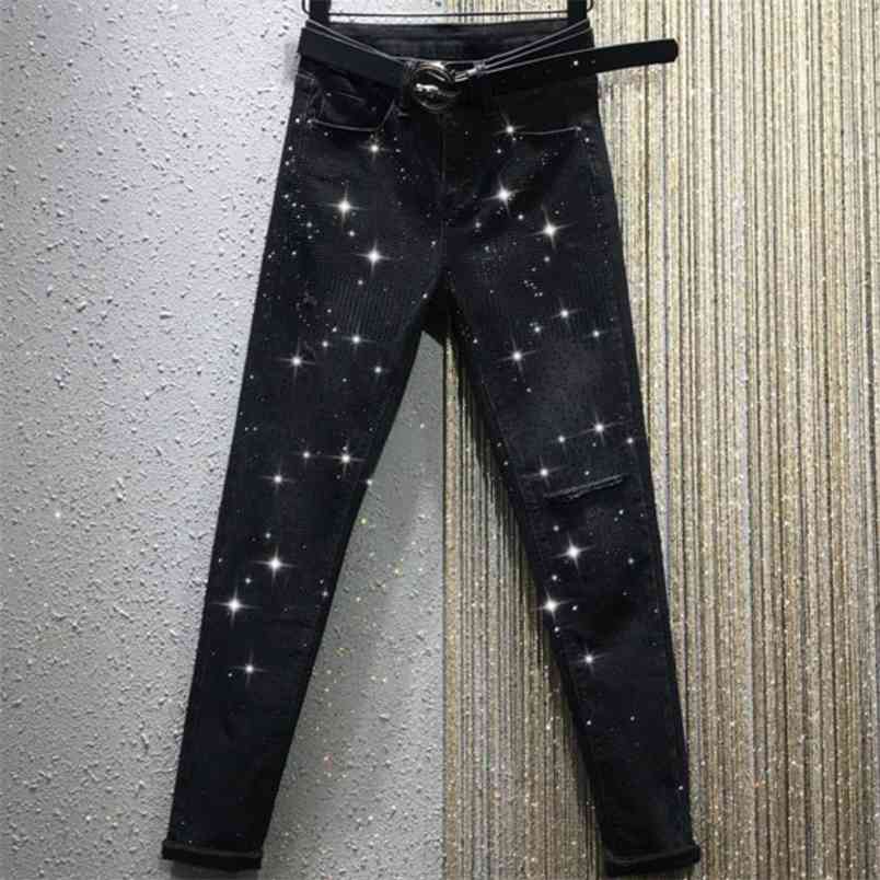 

spring autumn heavy work drilling high waist hole casual stretch straight jeans women 210708, Black