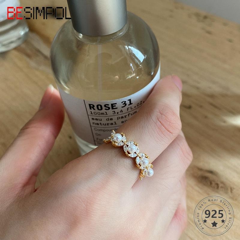 

Cluster Rings Besimpol 100% Real 925 Sterling Silver Ring Cool Minimalist Pearl Flower Adjustable Open For Women Luxurious Fine Jewelry