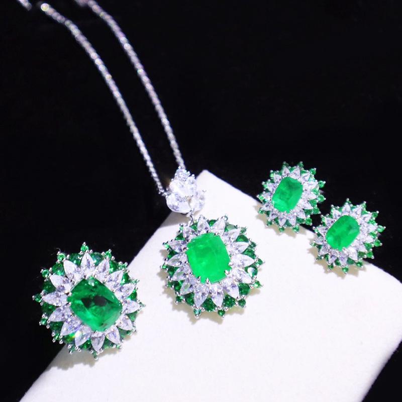 

Earrings & Necklace Beautiful Green Blue Rhinestones Flower Jewelry Sets For Women Pendant/Necklace/Earrings/Rings, Silver