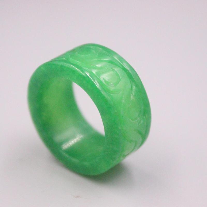 Cluster Rings Women&#039;s Chinese Green Jadeite Jade Ring For Women Man Female Band Carved Pattern Heating 11mm Size US 9.75-image-707049089