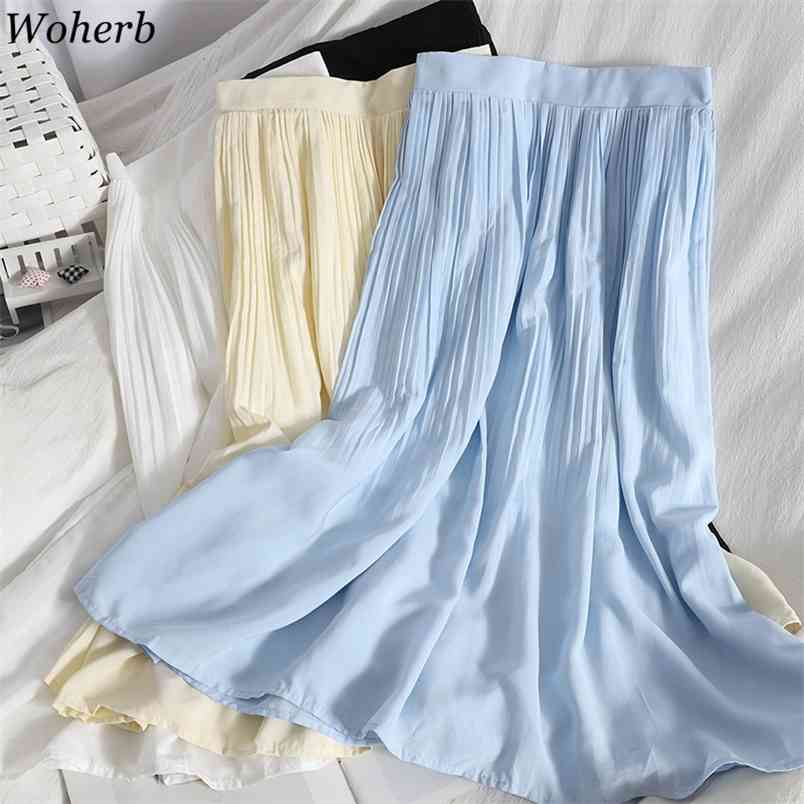 

Pleated Midi Skirts Women Korean Fashion Jupe Femme Elastic High Waist Slim Fit A-line White Faldas Mujer Summer Saia 210519, Black