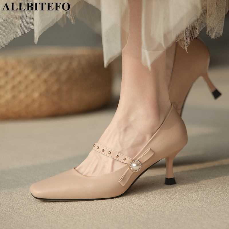 

ALLBITEFO bow design soft genuine leather women heels shoes fashion sexy party wedding shoes girls high heel shoes high heels 210611, As picture