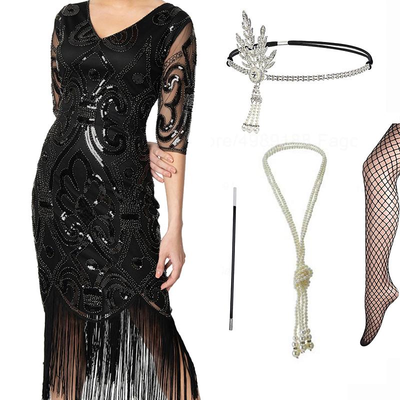 

Casual Dresses Women' Flapper 1920s Beaded Fringed Great Gatsby Dress W/Accessories Set Xs-xxl, Black set