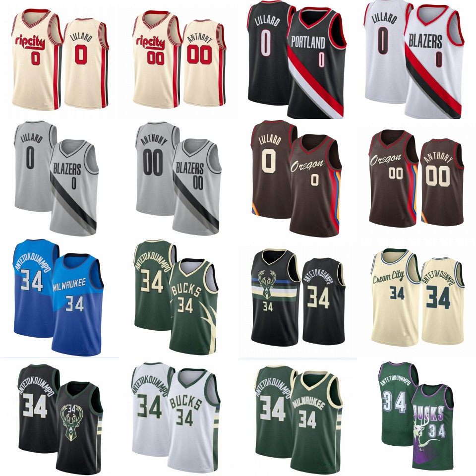 

2021 Giannis 34 Antetokounmpo Basketball Jerseys Carmelo 00 Anthony Damian 0 Lillard Jersey Portland Trail Blazers Buck City Earned Edition Shirt, My store(lzyhome)