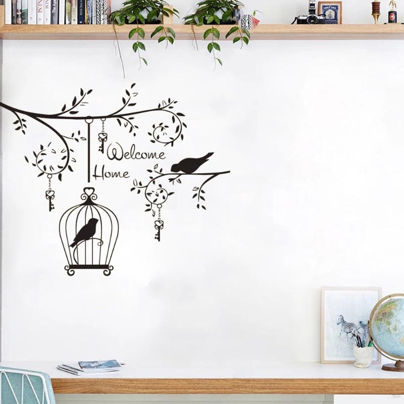 

Wall Stickers Welcome Home Sticker Birds In The Tree Decor Living Room Bedroom Decals Removable Bird Cage Decoration