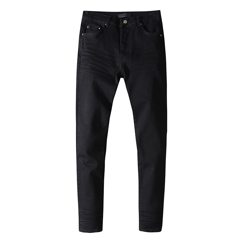 

Mens jeans solid color slimming skinny pants washed water folds European and American fashion trendy pants for teenagers, Black
