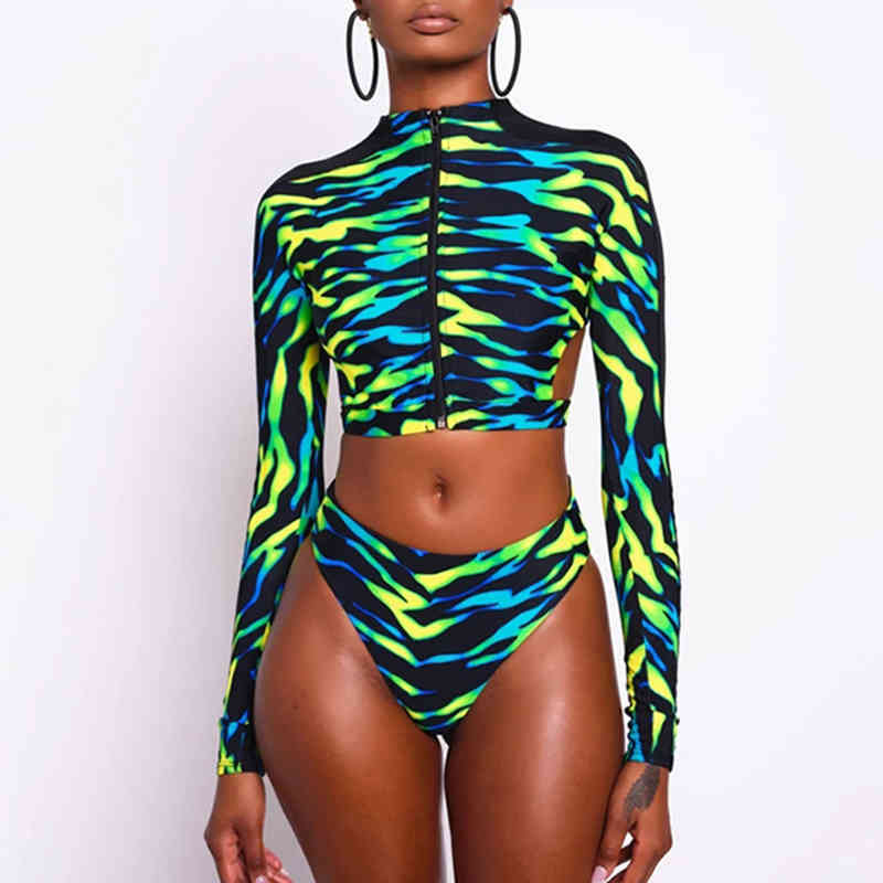 

Sexy Long Sleeve Women' Swimsuit Zipper African Swimwear Backless Bathing Suit High Waist Bikini Set Brazilian Beachwear 210520, Green