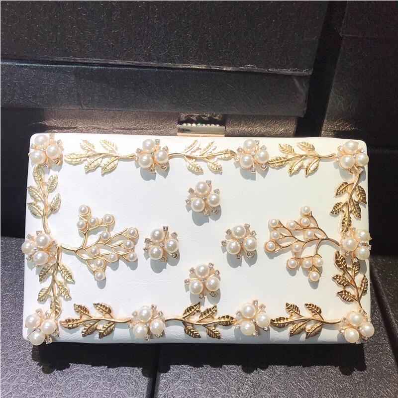 

Factory wholesale leather women chain bag sweet lady Pearl dinner bags personality small fresh white Beads handbag elegant atmosphere hard box Diamonds handbags, White(boutique box)