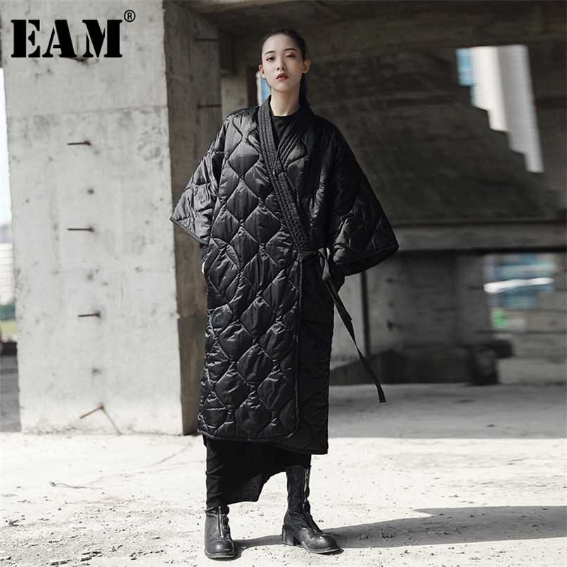 

[EAM] Spring Autumn V-collar Three-quarter Sleeve Solid Color Bandage Cotton-padded Big Size Coat Women Fashion JD18601 211108, Black