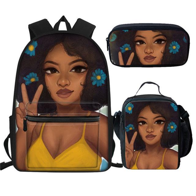 

Fashion Women School Bags Afro Lady Girl Africa Beauty Print 3pcs Schoolbag Bookbag Student Durable Campus Backpack