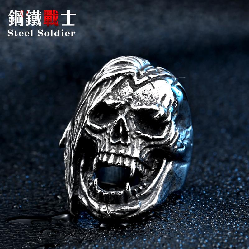 

Cluster Rings Steel Soldier Devil Punk Skull Men Ring Stainless Long Hair Jewelry, Golden;silver
