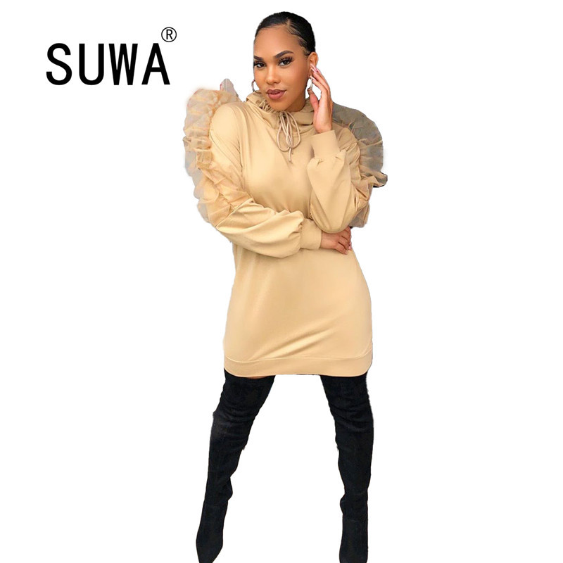 

Autumn Mesh Patchwork O Neck Long Sleeve Classic 90s Retro Mini Dresses For Women Sexy Club Plus Size Dress 210525, Khaki