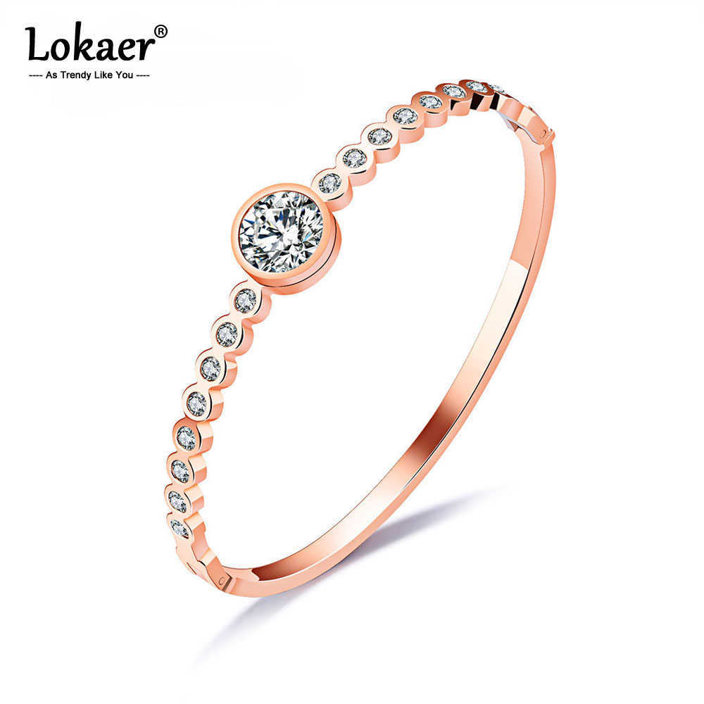 

Lokaer Vintage Rose Gold Color Open Cuff Bangles for Women Pave Cubic Zirconia Stainless Steel Charm Bracelet Jewelry B17072 Q0720