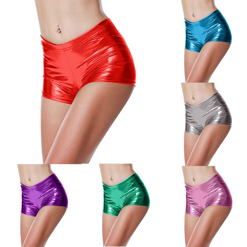 

Women's Shorts Glossy Metallic Rave Dance Leather Short Trousers Red Silver Golden High Waist Sexy Panties Fashion Solid Women Faux