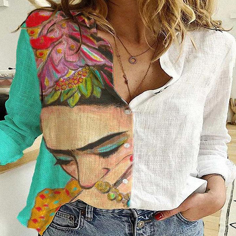 

Women Patchwork Button Long Sleeve T-Shirt Autumn Vintage Casual Loose Office Shirt Femme Plus Size 5XL Floral Print Shirt Blusa, Style 1