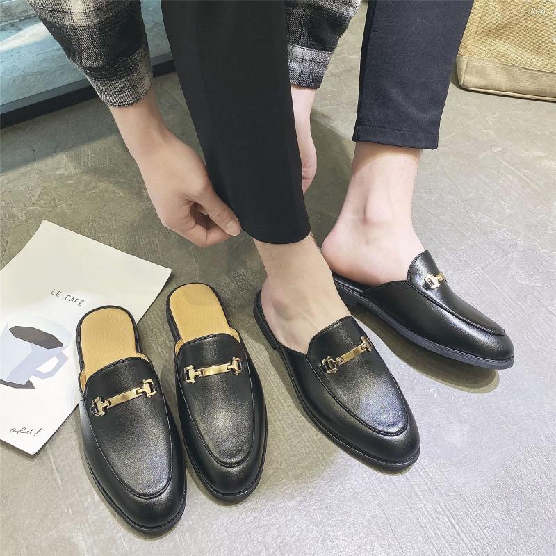 

Slippers Mens Casual Shoes Men Half Brand Patent Leather Coiffeur Designer Slide Slipper Buty Meskie, Black