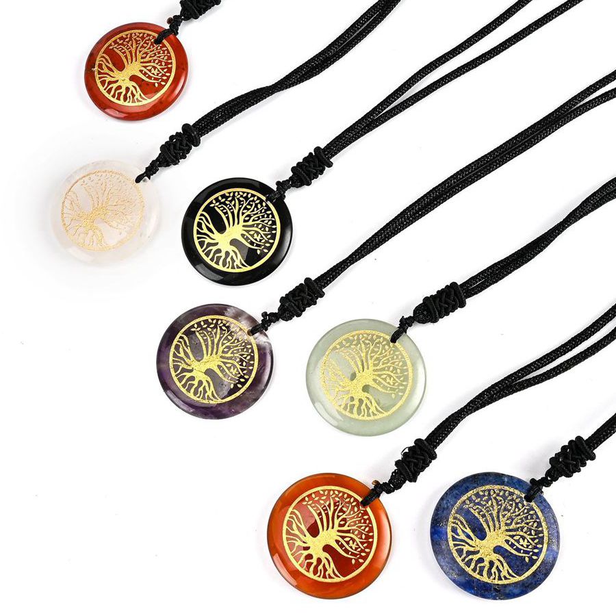

Natural Stone Engraved Tree of life Necklace Pendant European American Fashion Charm Jewelry Amethyst Rose Quartz Opal Reiki Crystal Hanging Accessory