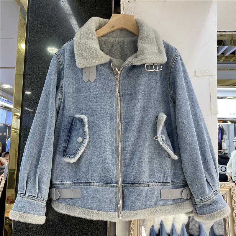 

Women's Jackets High Quality Gray Beige Plush Cowboy Outwear 2021 Winter Women Faux Fur Liner Denim Parkas Casual Long Sleeve Female, Blue(beige)