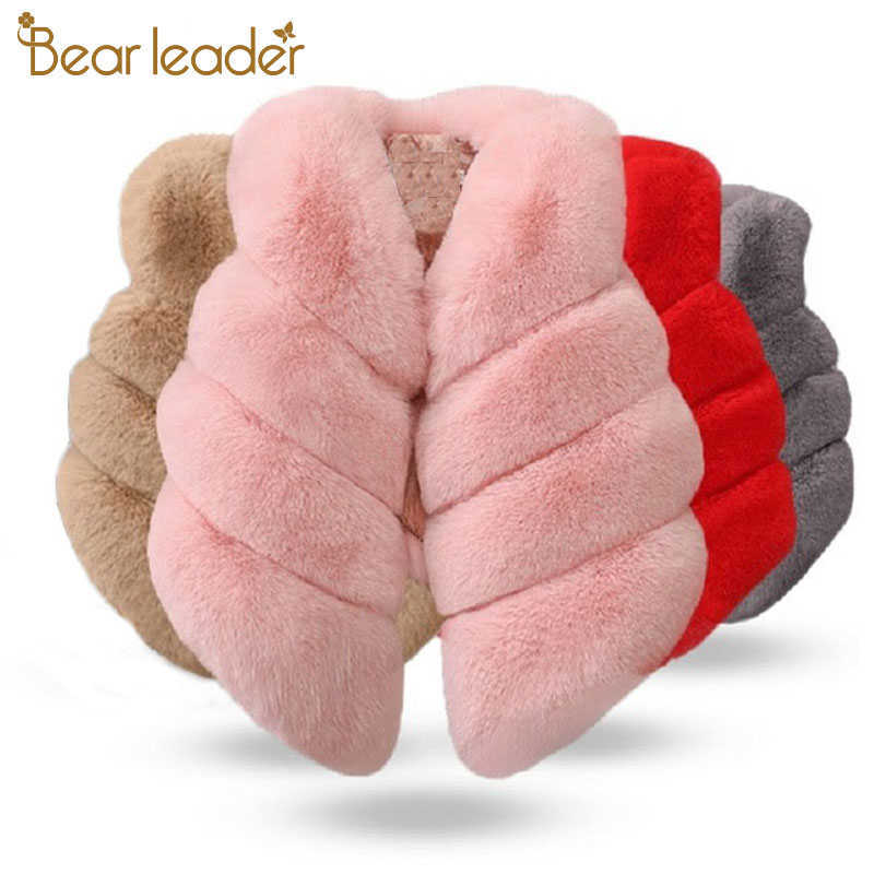 

Bear Leader Girls Fashion Vests Winter Thick Warm Faux Fur Waistcoats Solid Fluffy Outerwear Sleeveless Cute Coats 3 8Y 210708, Red -az1192