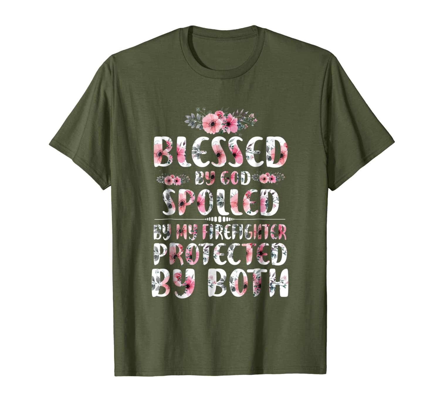

womens blessed by god spoiled by my firefighter wife t-shirt, White;black
