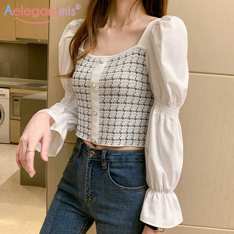 

Aelegantmis Spring Casual Elastic Korean Blouse Shirt Women Square Collar Slim Chic Short Female Vintage Cropped Tops 210607, White-plaid