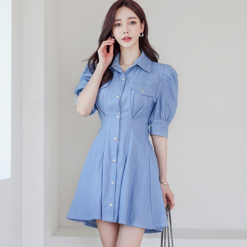 

Korea Summer Fashion Denim Shirt Dress Women Elegant Lapel Puff Sleeve Casual Slim Mini Dress Female 210518, Photo color