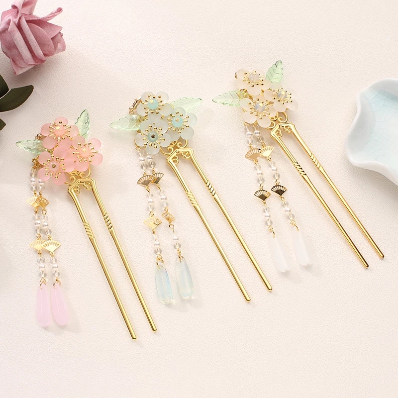 

Vintage Traditional Flowers Crystal Beads Simulated Pearls Long Tassel Hair Stick Hairpins Ancient Chinese Bride Hair Jewelry