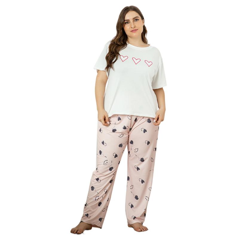 

Plus Size Tracksuits Women Pajamas Set Love Heart T-Shirt+Print Trousers Large Homewear Two Pieces Nightwear Female Sleepwear 4XL, Black