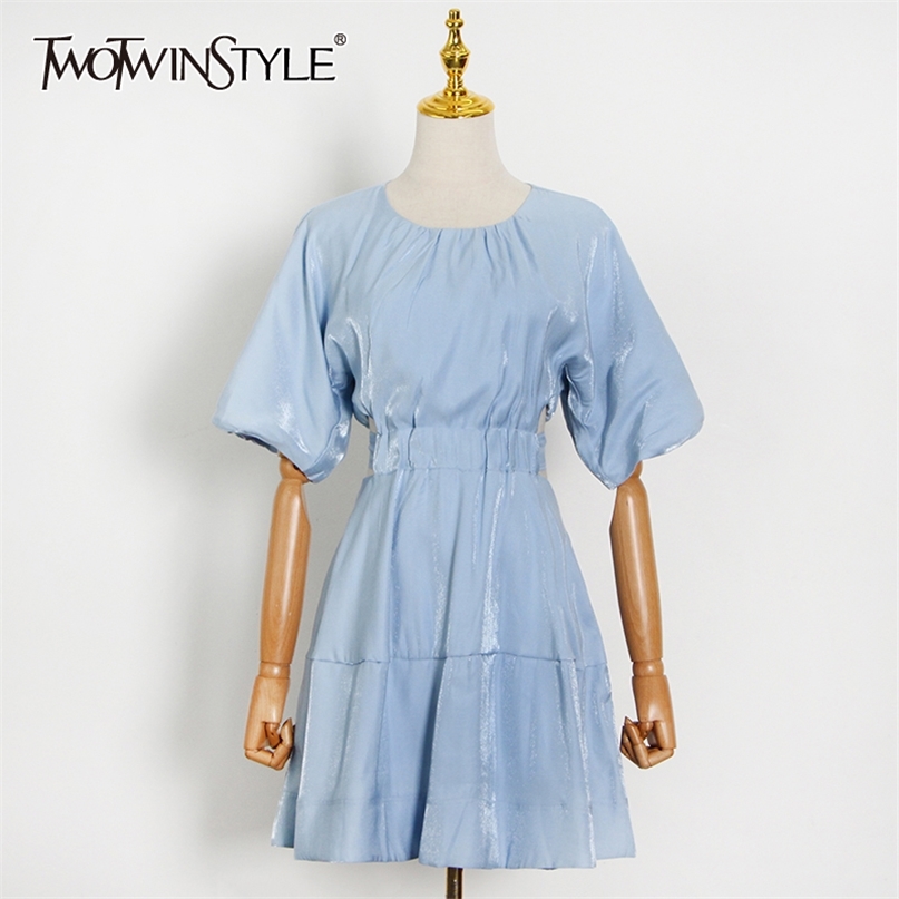 

Casual Lace Up Bowknot Dress For Women O Neck Puff Short Sleeve High Waist Hollow Out Mini Dresses Female 210520, Blue