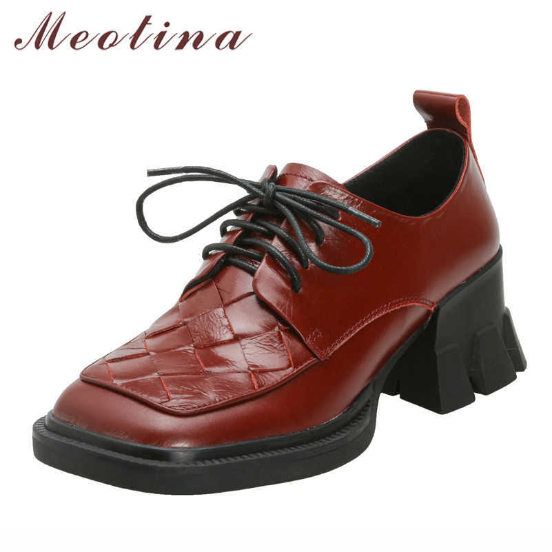 

Meotina Natural Genuine Leather High Heels Block Heel Women Shoes Square Toe Shoes Lace Up Pumps Ladies Footwear Black Size 40 210608