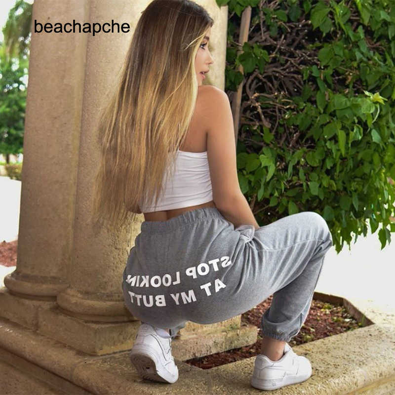 

Beachapche Sweat Pants Women Letter Stop Looking At My Butt Sweatpants Joggers Dropshipping Hip Hop Black High Waist 201103, 3-1