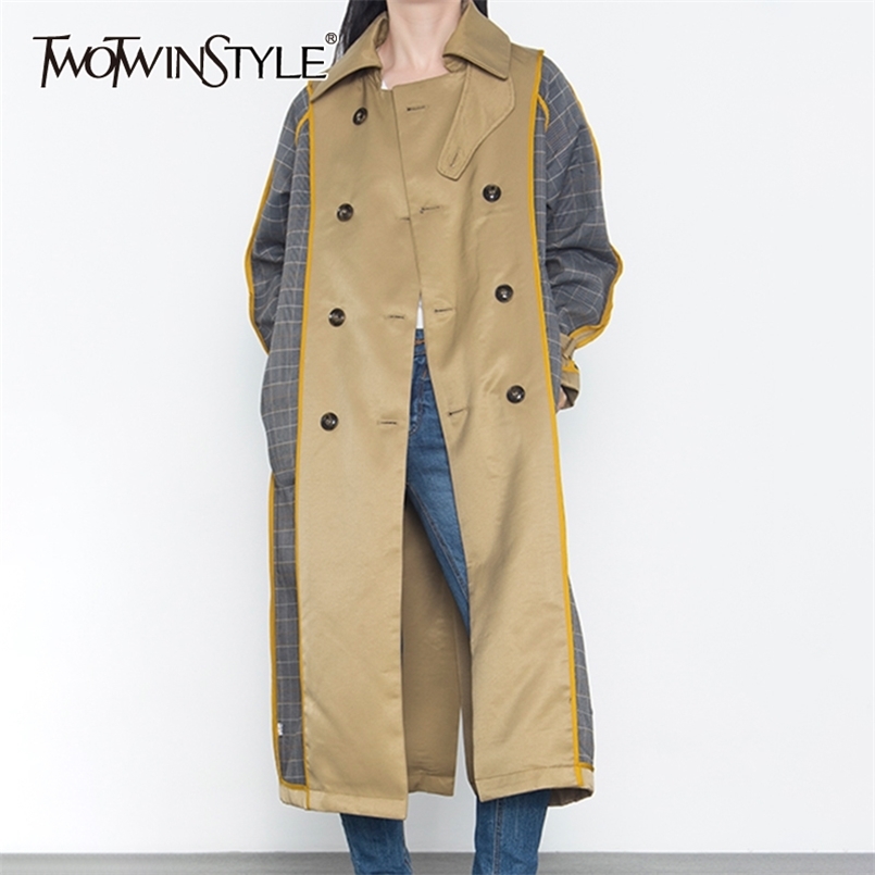 

Plaid Windbreakers For Women Long Sleeve Lace Up Patchwork Hit Color Plus Size Trench Female Autumn Clothing 210524, As picture