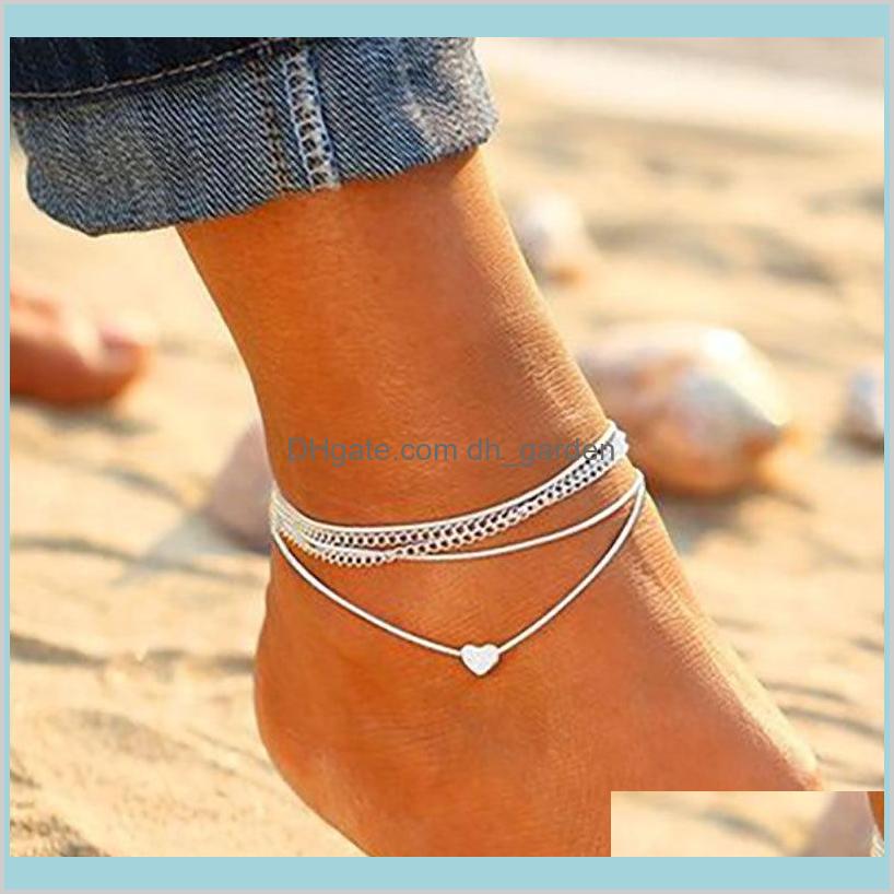 

925 Silver Beach Bracelet Womens Multi Layer Love Heart Anklet Summer Holiday Foot Chain Jewelry Set Kujaw Lxnyg