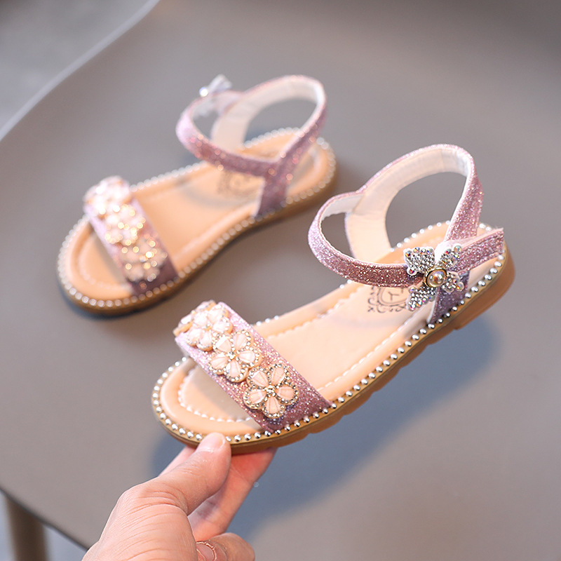 

Size 26-36 Soft Sole Flat Beach Shoes For Children Flower Pearl Princess Sandals For Girls Kids Open-toed Sequined Light Shoes, Black