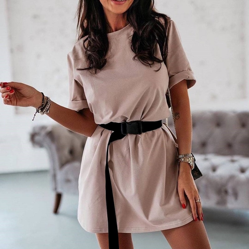 

Casual Solid Womens Dress With Belt Leisure White Dresses Summer 2021 T Shirt Dress Women White Short Dress Vestidos Clothes, Khaki