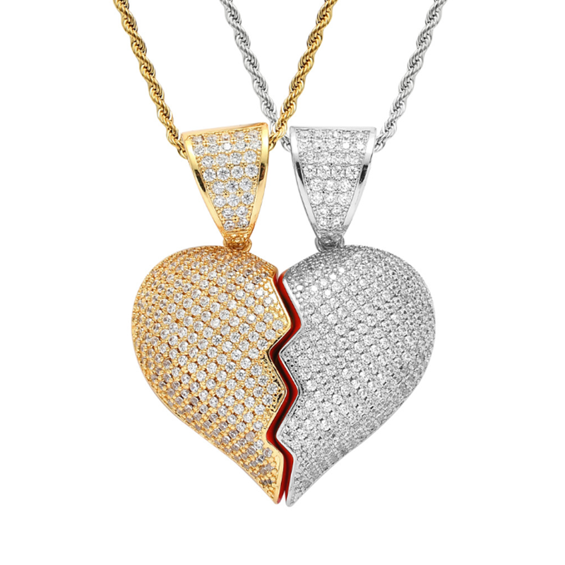 

Cubic Zircon Broken Heart Pendant Men Women Necklace Rock Chain Link Luxury Couple Jewelry Chains
