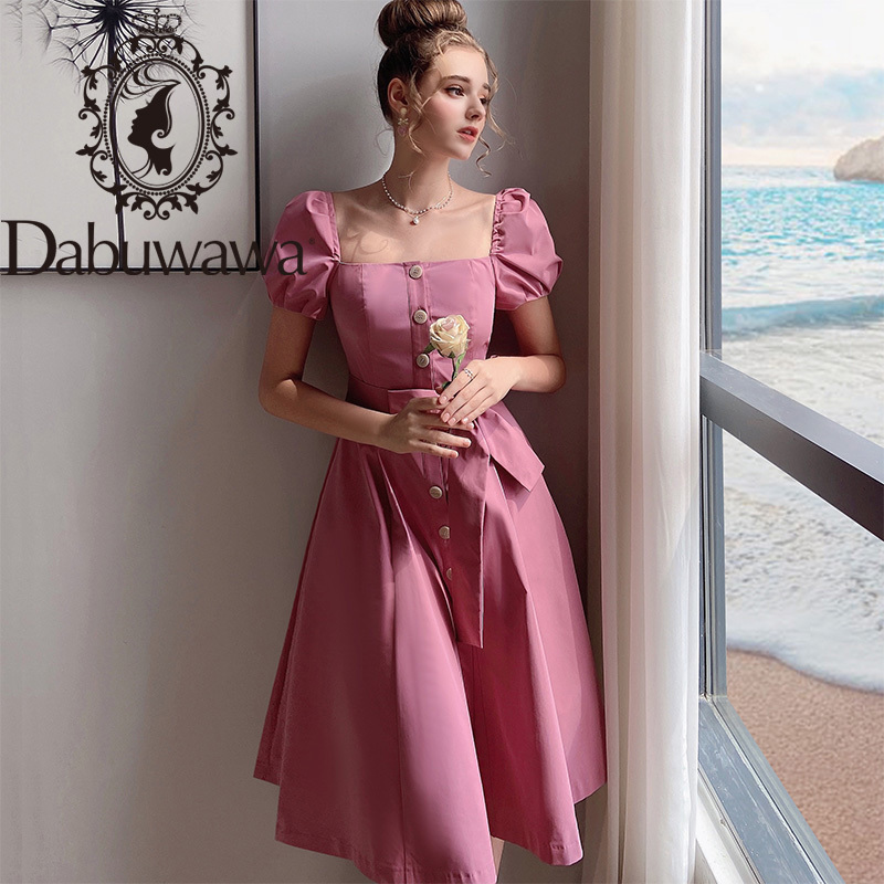 

Dabuwawa Exclusive Vintage Square Collar Pink Dress Women Single Breasted Puff Sleeve Sash A-Line Mid Dress Ladies DO1BDR029 210520