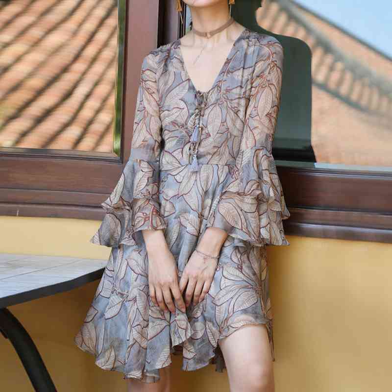 

French Style Ruffles Sleeve Dresses for Women Spring Sexy V-neck Flower Print Chiffon Dress Elegant Office Lady Vestidos 210525, Mixed